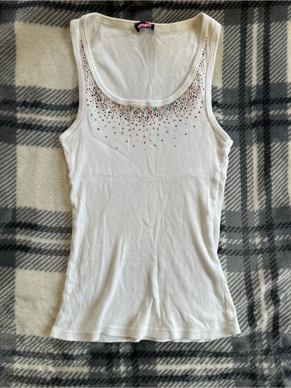 Gabi USA White Ribbed Rhinestone Tank Top Y2K McBling Studded Scoop Neck Small